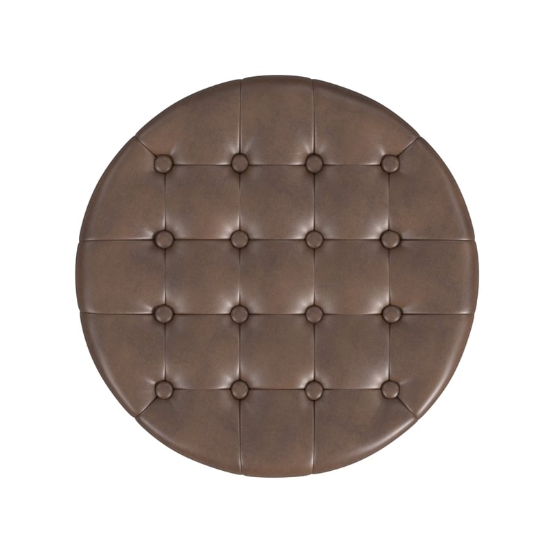 Benjara Wes Round Storage Ottoman- Brown Faux Leather- Hardwood- 19 Inch
