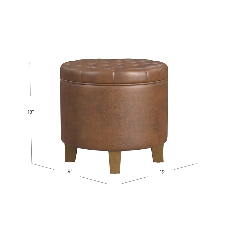 Benjara Wes Round Storage Ottoman- Brown Faux Leather- Hardwood- 19 Inch