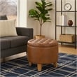 Benjara Wes Round Storage Ottoman- Brown Faux Leather- Hardwood- 19 Inch