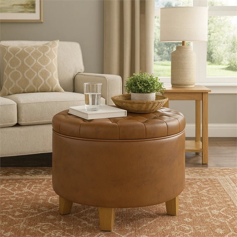 Benjara Wes Round Storage Ottoman- Brown Faux Leather- Hardwood- 19 Inch