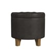 Benjara Wes Round Storage Ottoman- Black Faux Leather- Hardwood- 19 Inch