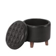 Benjara Wes Round Storage Ottoman- Black Faux Leather- Hardwood- 19 Inch