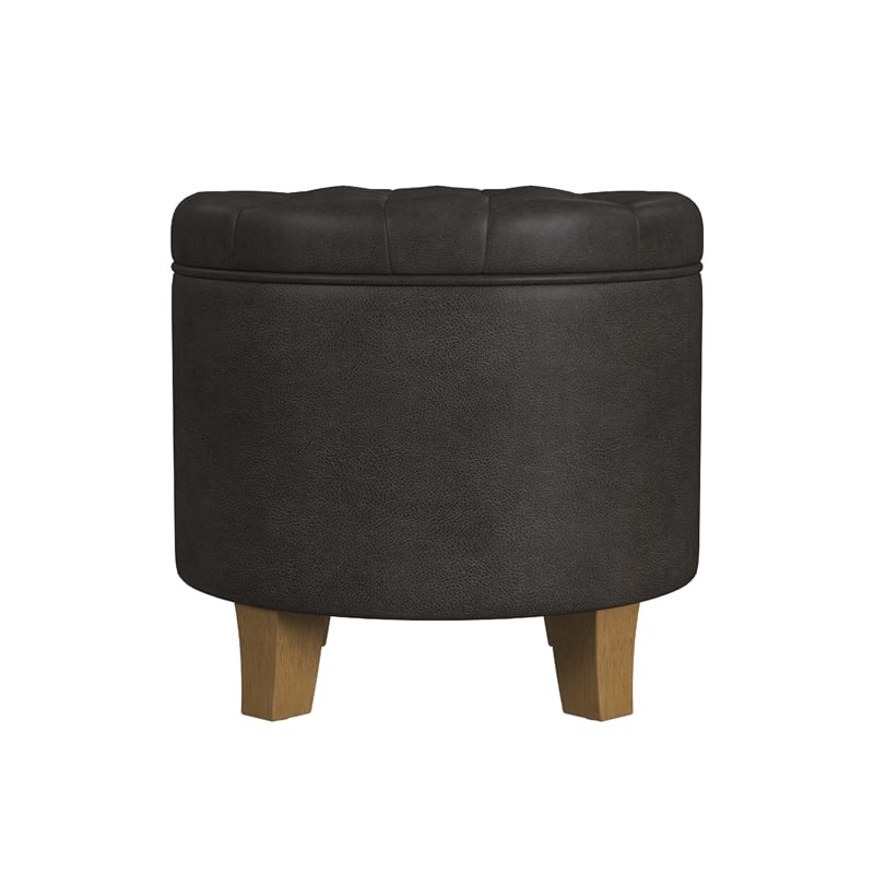 Benjara Wes Round Storage Ottoman- Black Faux Leather- Hardwood- 19 Inch