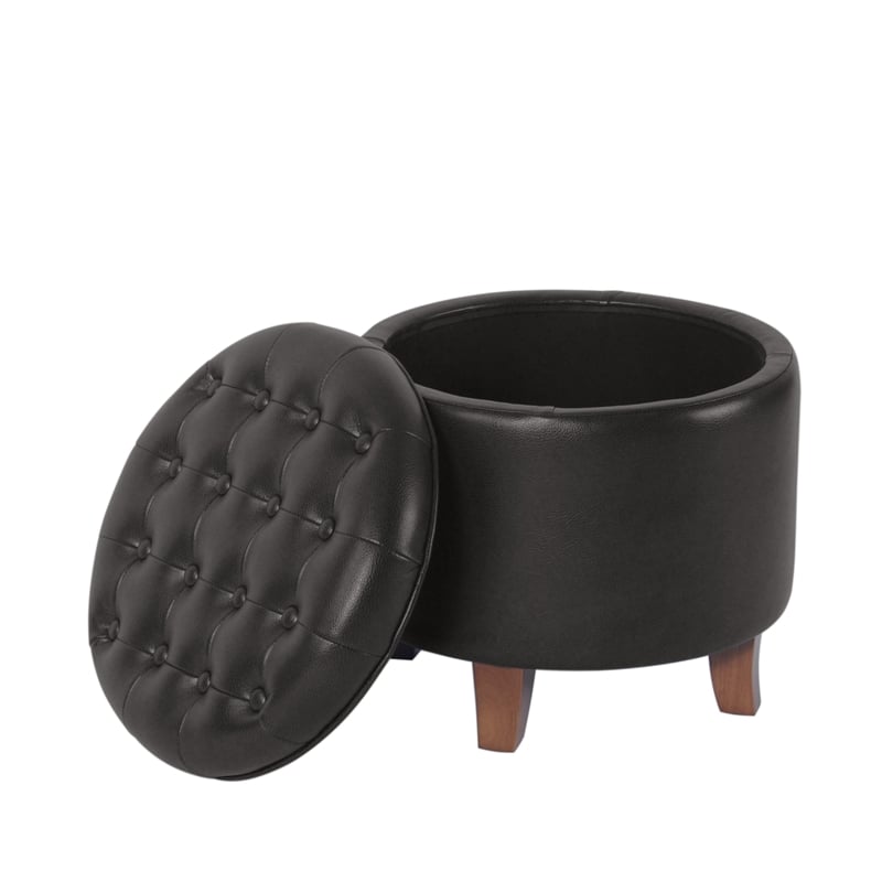 Benjara Wes Round Storage Ottoman- Black Faux Leather- Hardwood- 19 Inch