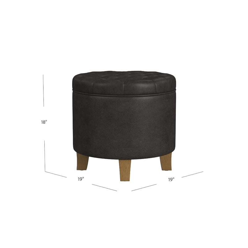 Benjara Wes Round Storage Ottoman- Black Faux Leather- Hardwood- 19 Inch
