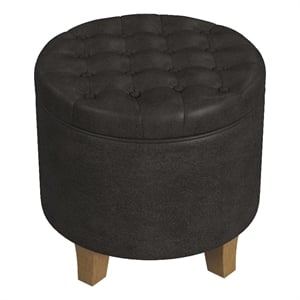 Benjara Wes Round Storage Ottoman- Black Faux Leather- Hardwood- 19 Inch