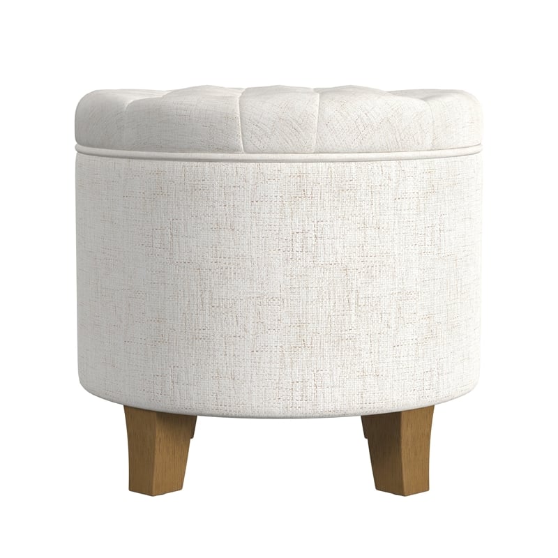 Benjara Wes Round Storage Ottoman- Cream Woven Fabric- Hardwood- 19 Inch