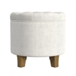 Benjara Wes Round Storage Ottoman- Cream Woven Fabric- Hardwood- 19 Inch