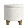Benjara Wes Round Storage Ottoman- Cream Woven Fabric- Hardwood- 19 Inch
