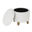Benjara Wes Round Storage Ottoman- Cream Woven Fabric- Hardwood- 19 Inch