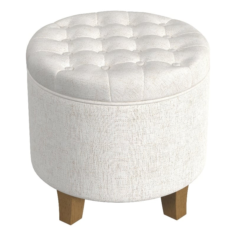 Benjara Wes Round Storage Ottoman- Cream Woven Fabric- Hardwood- 19 Inch
