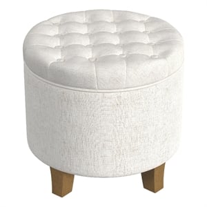 Benjara Wes Round Storage Ottoman- Cream Woven Fabric- Hardwood- 19 Inch