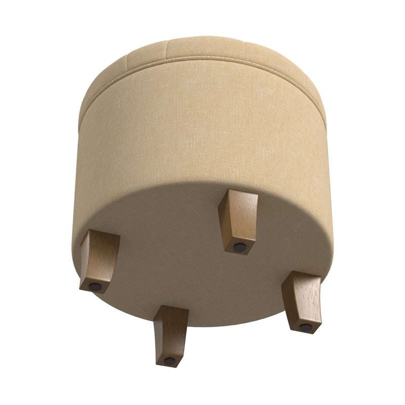 Benjara Wes Round Storage Ottoman- Tan Brown Woven Fabric- Hardwood- 19 Inch