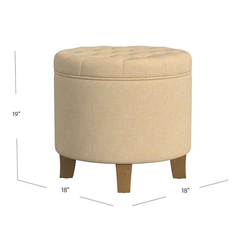 Benjara Wes Round Storage Ottoman- Tan Brown Woven Fabric- Hardwood- 19 Inch