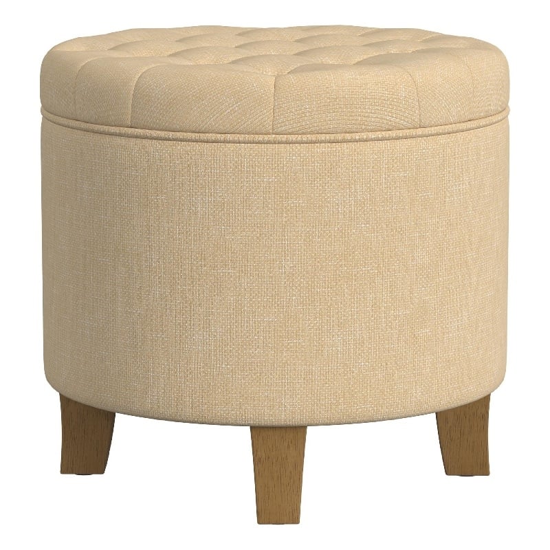 Benjara Wes Round Storage Ottoman- Tan Brown Woven Fabric- Hardwood- 19 Inch