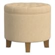 Benjara Wes Round Storage Ottoman- Tan Brown Woven Fabric- Hardwood- 19 Inch