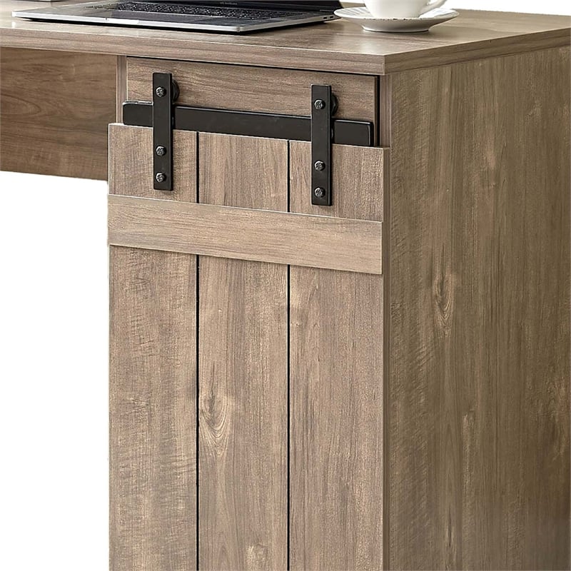 Benjara Fior Home Writing Desk- 47 Inch- Hazelnut Brown Wood- Faux Barn Door