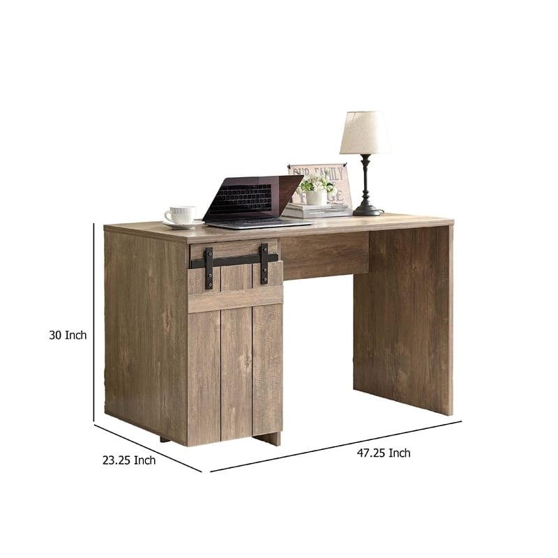Benjara Fior Home Writing Desk- 47 Inch- Hazelnut Brown Wood- Faux Barn Door