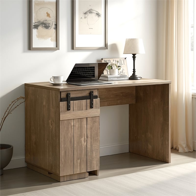Benjara Fior Home Writing Desk- 47 Inch- Hazelnut Brown Wood- Faux Barn Door