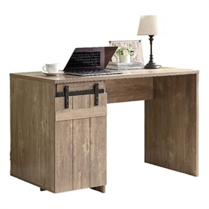 Benjara Fior Home Writing Desk- 47 Inch- Hazelnut Brown Wood- Faux Barn Door