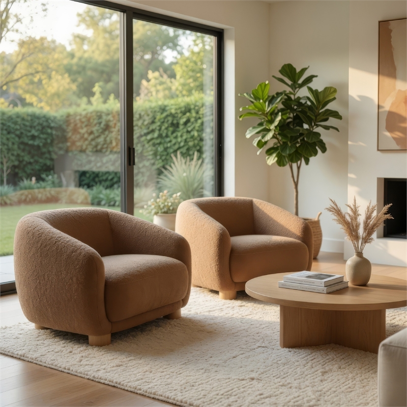 Benjara Oliver Accent Chair with Round Back Sloped Arms- Soft Brown Boucle
