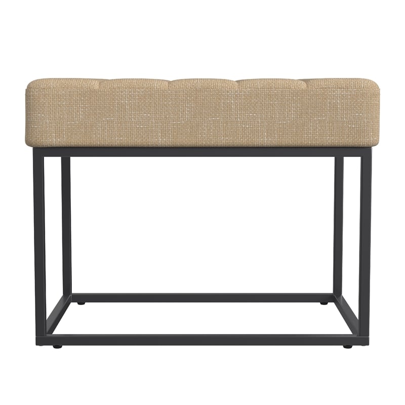 Benjara Kai Ottoman Footstool- Light Brown Woven Fabric- Black Metal- 22 Inch