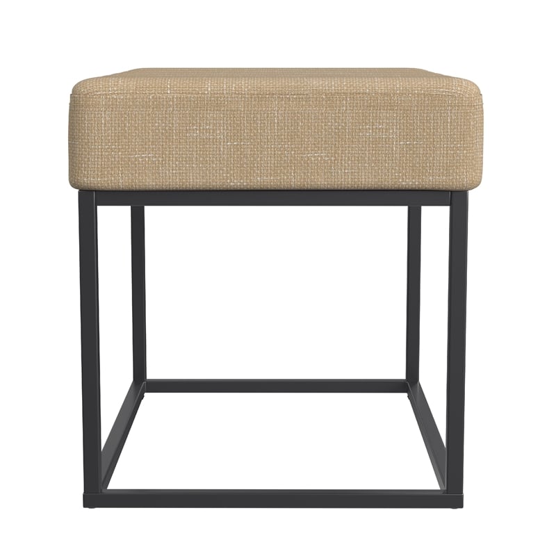 Benjara Kai Ottoman Footstool- Light Brown Woven Fabric- Black Metal- 22 Inch