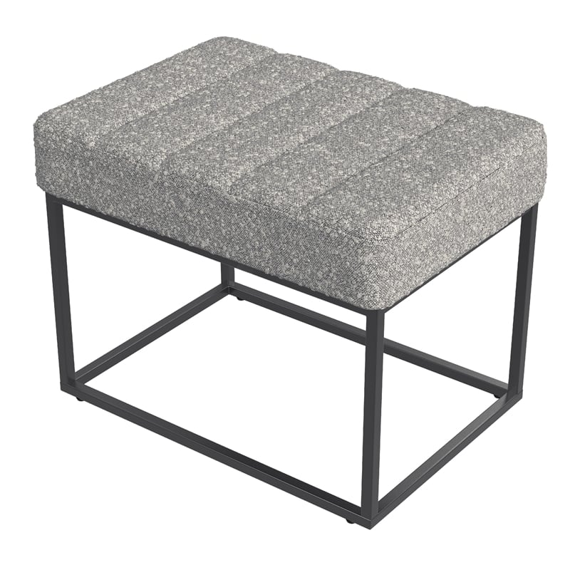 Benjara Kai Ottoman Footstool- Heather Gray Yarn Cream Boucle- Black- 22 Inch