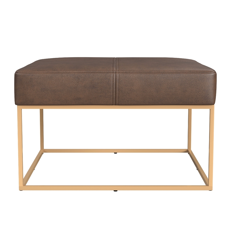Benjara Kai Ottoman- Brown Faux Leather and Gold Metal- 28