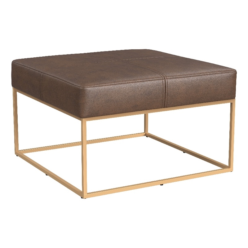Benjara Kai Ottoman- Brown Faux Leather and Gold Metal- 28