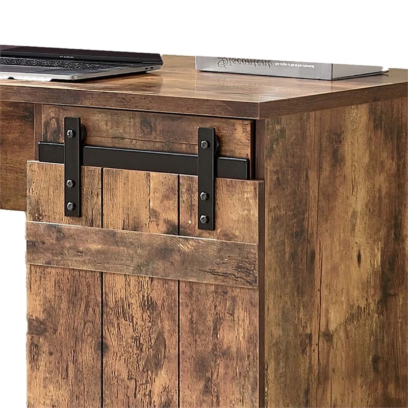 Benjara Fior Home Writing Desk- 47 Inch- Distressed Brown Wood- Faux Barn Door