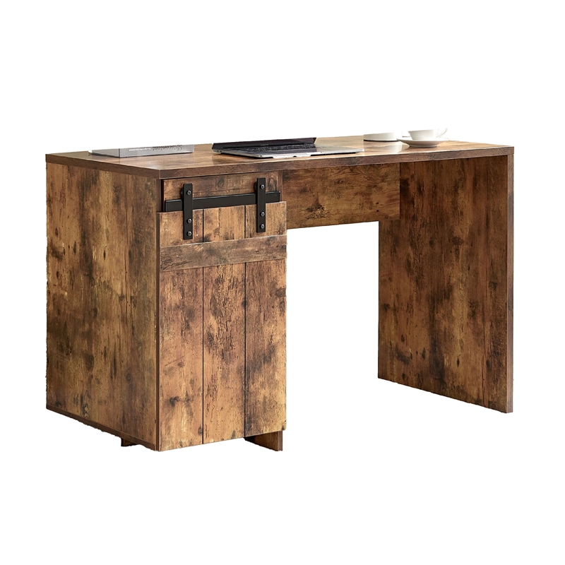 Benjara Fior Home Writing Desk- 47 Inch- Distressed Brown Wood- Faux Barn Door
