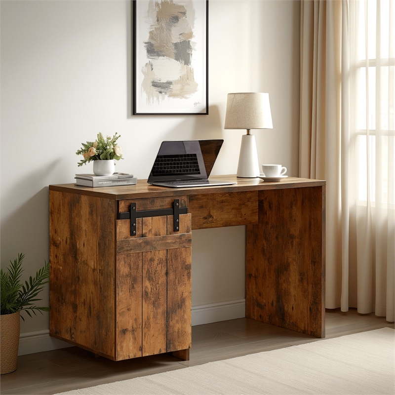 Benjara Fior Home Writing Desk- 47 Inch- Distressed Brown Wood- Faux Barn Door