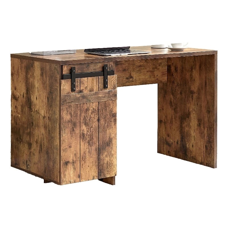 Benjara Fior Home Writing Desk- 47 Inch- Distressed Brown Wood- Faux Barn Door