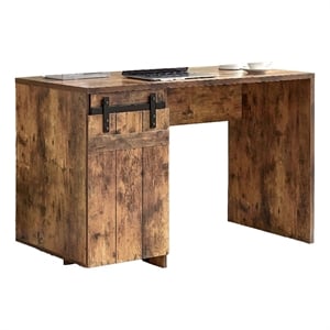Benjara Fior Home Writing Desk- 47 Inch- Distressed Brown Wood- Faux Barn Door