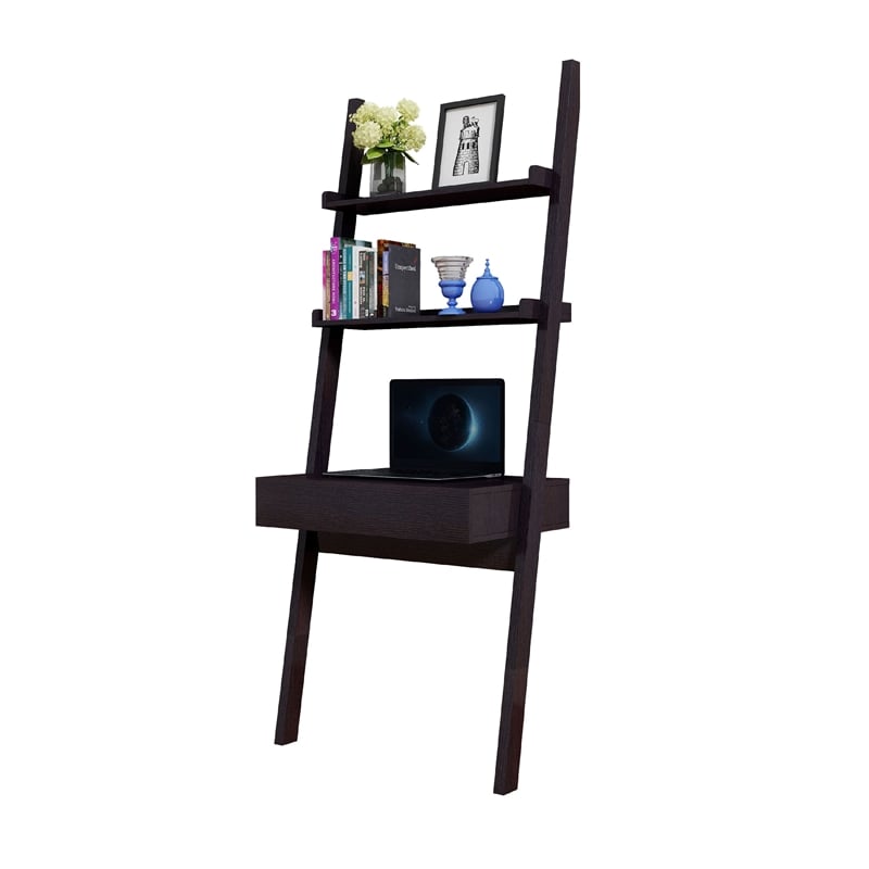 Benjara Tall Desk with Ladder Shelves- 1 Drawer 2 Shelves- 72 Inch- Brown Wood