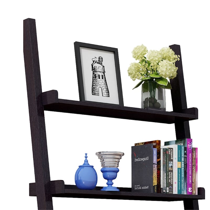 Benjara Tall Desk with Ladder Shelves- 1 Drawer 2 Shelves- 72 Inch- Brown Wood