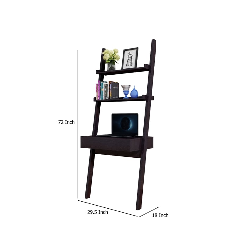 Benjara Tall Desk with Ladder Shelves- 1 Drawer 2 Shelves- 72 Inch- Brown Wood