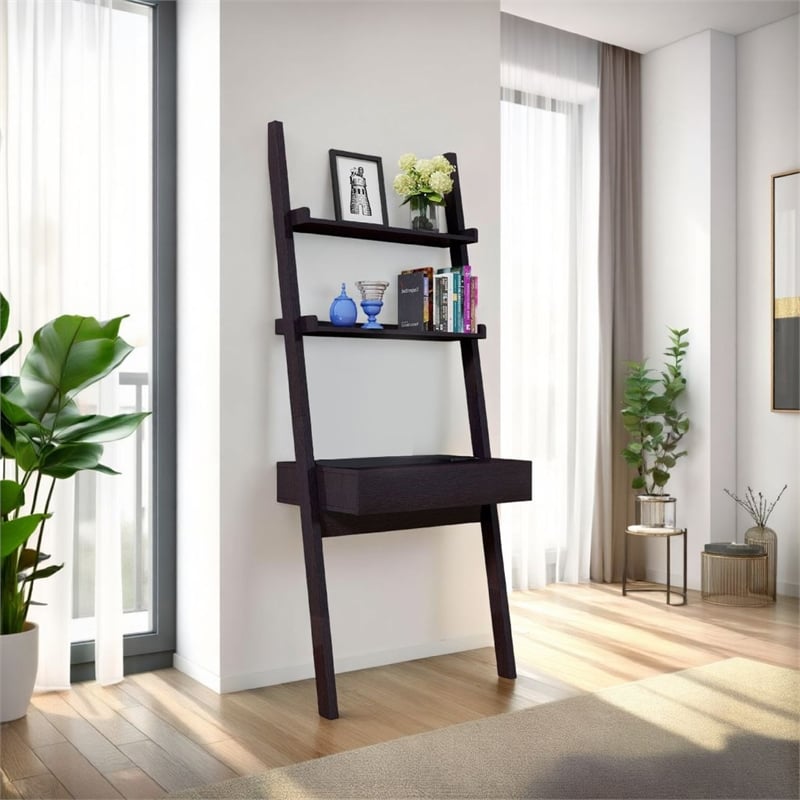 Benjara Tall Desk with Ladder Shelves- 1 Drawer 2 Shelves- 72 Inch- Brown Wood