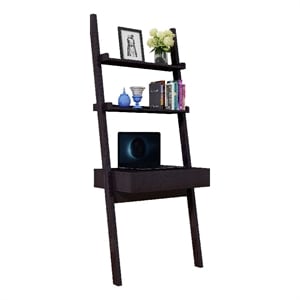Benjara Tall Desk with Ladder Shelves- 1 Drawer 2 Shelves- 72 Inch- Brown Wood
