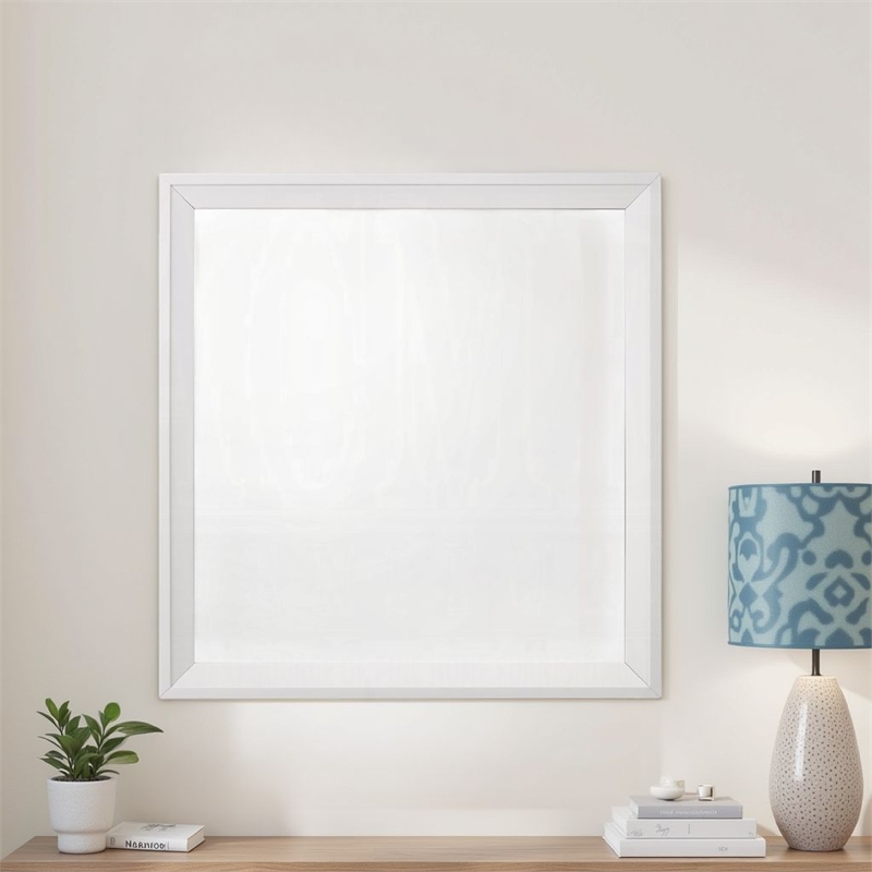 Benjara Siam Wall Mount Dresser Mirror- 34x36- Contemporary Style- White Wood