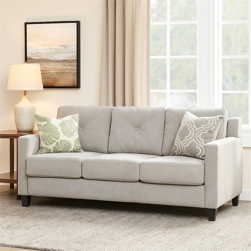 Benjara Royi Sofa- Track Armrest- 78 Inch- Gray Fabric Seat w Tufted Backrest