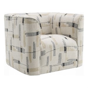 Benjara Lenu Swivel Accent Sofa Chair- Beige Pattern Fabric- Boxy Padded Seat