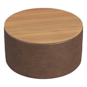 Benjara Mesy Storage Ottoman- 30&quot Round Lift Tray Top- Brown Faux Leather