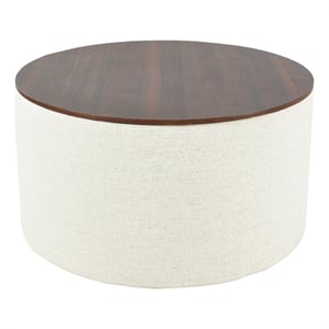 Benjara Mesy Storage Ottoman- 30&quot Round Lift Tray Top- Ivory Woven Fabric