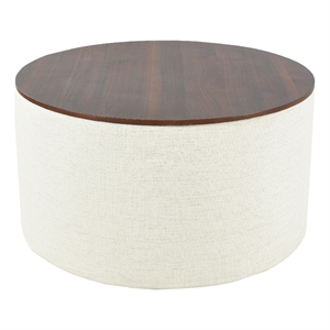 Benjara Mesy Storage Ottoman- 30&quot Round Lift Tray Top- Ivory Woven Fabric