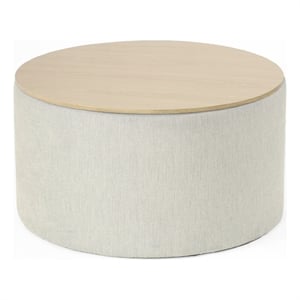 Benjara Mesy Storage Ottoman- 30&quot Round Lift Tray Top- Light Gray Woven