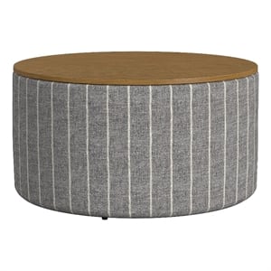 Benjara Jena Storage Ottoman- 30&quot Round Lift Tray Top- Gray Pinstripe