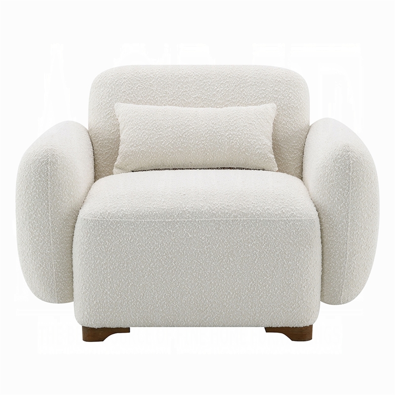 Benjara Loem Sofa Chair w Accent Pillow- Box Style Seat- Beige Boucle Fabric