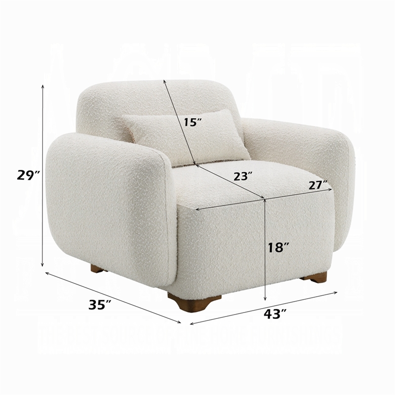 Benjara Loem Sofa Chair w Accent Pillow- Box Style Seat- Beige Boucle Fabric